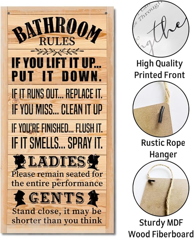 Rustic Western Bathroom Decor - Funny Wall Signs, Farmhouse Country Rules Wall Decor H1-Ruum Studio Home
