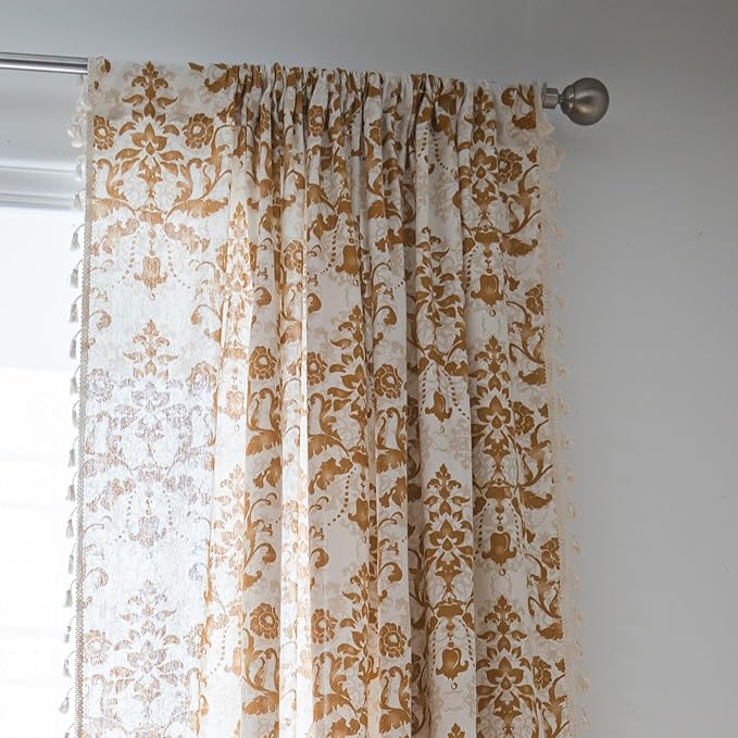 Sutuo Home Boho Curtains 84 Inches Length for Bedroom Living Room, Printed Moroccan Cotton Linen Rod Pocket Rustic Farmhouse Bohemian Tassels Window Treatment, 1 Panel 59" W x 84" L, Brown Damask-Ruum Studio Home