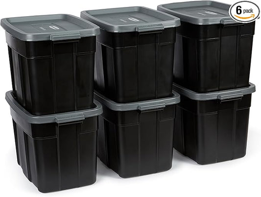 Rubbermaid Roughneck Tote 18 Gal, 6 Pack, Made in USA, Black & Gray, Rugged Plastic Stackable Storage Bins with Lids and Handles-Ruum Studio Home
