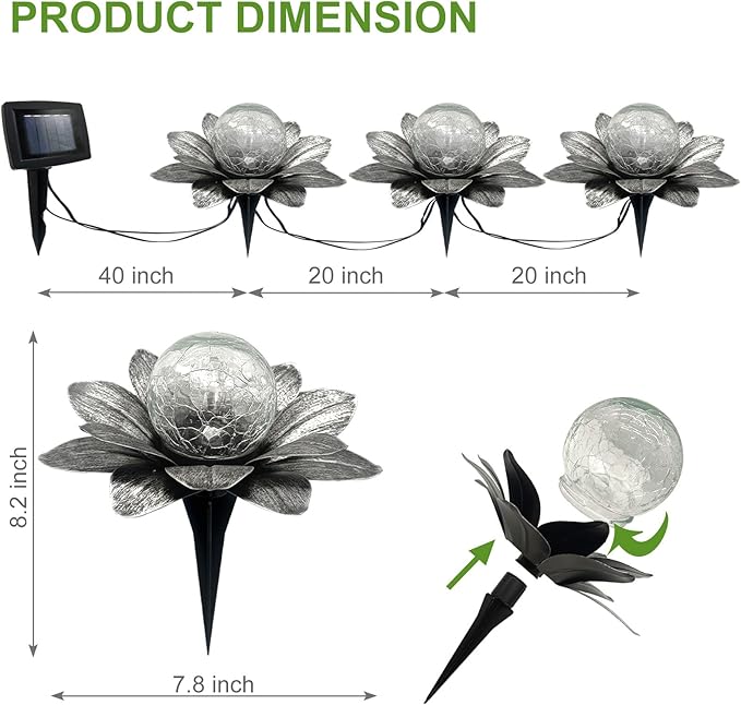 LEWIS&WAYNE Solar Garden Lights Outdoor, 3 Pcs Silver Gray Lotus Flower Pathway Lamps with Cool White Crackle Glass Globe Led Lights for Patio Pathway Yard Balcony Garden Decorations-Ruum Studio Home