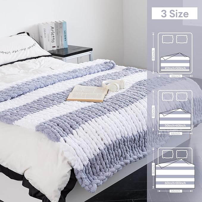 Chunky Knit Blanket - Luxury Soft Cozy 50 * 60 Throw Blanket,100% Woven Blanket Rope Knot Throw Blanket for Couch, Sofa, Home Decor, Gift - Machine Washable（White/Light Gray）-Ruum Studio Home