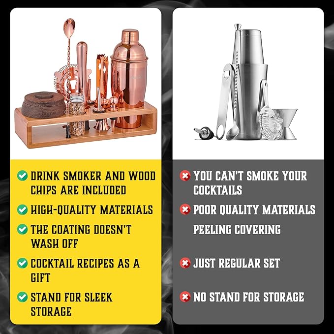 Bartender Kit with Whiskey Smoker - 13 pcs, Bamboo Stand - Bar Set with Cocktail Shaker, Bartending Kit with Essential Bar Accessory Tools, Wood Chips, Pink Gold-Ruum Studio Home
