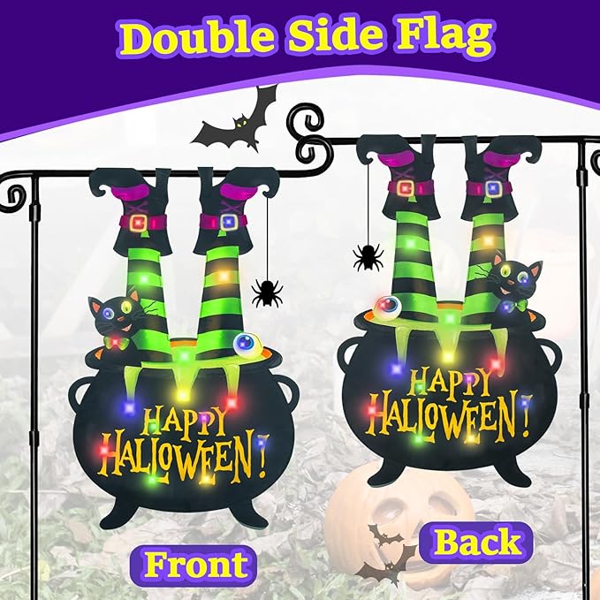 Halloween Lighted Garden Flag for Outside, Led Solar Yard Flag 8 Modes Witch Feet Shape Flag, 12x18 Double Sided Cauldron Eyeball Black Cat Decorations for Home Porch-Ruum Studio Home