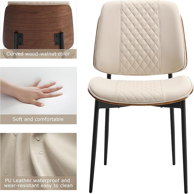 BV Dining Chairs Set of 2, PU Leather Armless Kitchen Chair in Modern Walnut Style, Mid Century Bentwood Side Chair with Metal Legs, Retro Accent Guest Chair for Kitchen Dining Room(Beige)-Ruum Studio Home