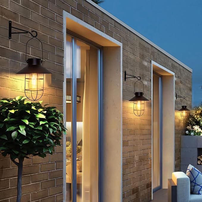 pearlstar Solar Lanterns Outdoor Metal Solar Powered Hanging Lights Waterproof for Wall Yard Garden Patio Garage Balcony Porch Fence Decor, Warm White Edison Bulb,with Wall Mount Kit（Black-1pack）-Ruum Studio Home