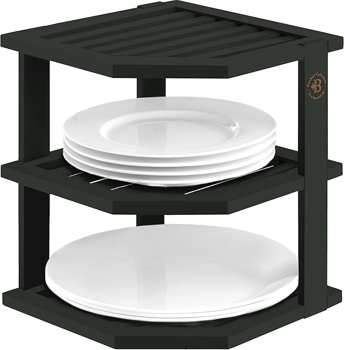 Cabinet Organizer Shelf - Bamboo Corner Rack for Kitchen Counter, Cabinet Space Saver for Plates, Dishes, Bowls, Bread Pantry, Bathroom Storage or Countertop Stand, Black-Ruum Studio Home