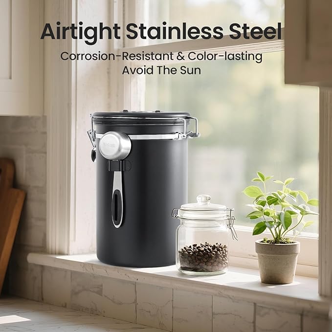 Veken Coffee Canister, 39OZ Large, Airtight Stainless Steel Food Storage Container for 2.2lbs Coffee Beans, Ground, Sugar, Tea, Flour, Rice, Cereal, Cookies Jars, Bar Accessories & Gifts, Black-Ruum Studio Home