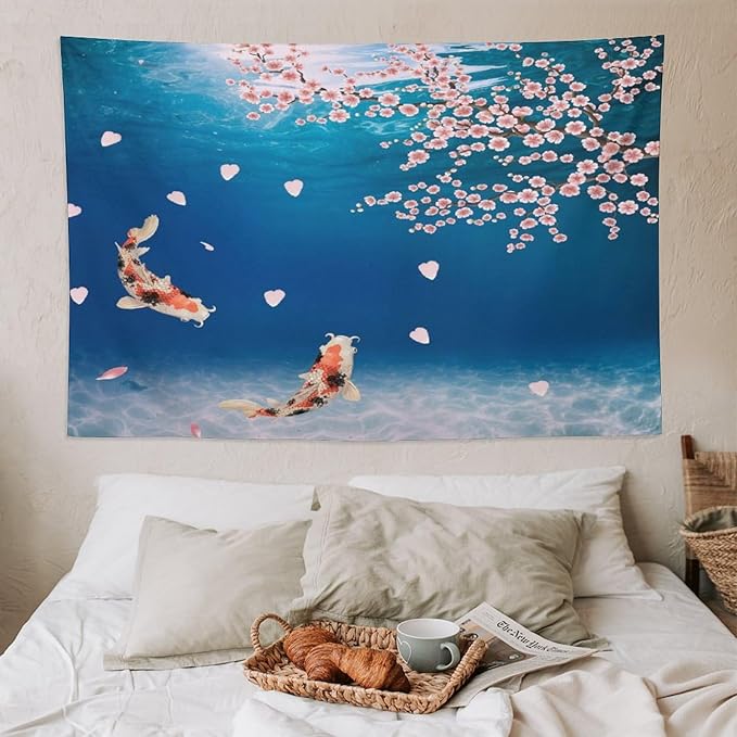 Japanese Koi Fish Tapestry, Cherry Blossoms Asian Oriental Blue Floral Branch Koi Fish Carp Tapestries Wall Hanging for Bedroom Living Room Office Decor 90"x60"-Ruum Studio Home
