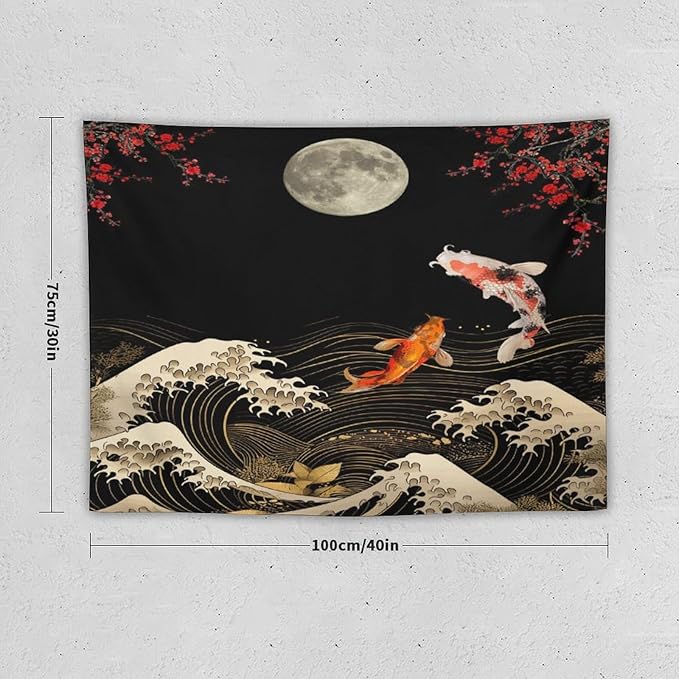 Houselerax Koi Fish Tapestry, Japanese Style Yin Yang Big Wave Cherry Blossom Tapestries Wall Hanging for Bedroom Living Room Office Decor 40"x30"-Ruum Studio Home