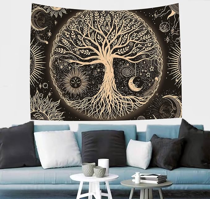 FORATER Tree of Life Tapestry Wall Hanging Sun Moon Stars Tapestries Aesthetic Galaxy Wall Tapestry Nature Home Decoration for Living Room Bedroom(61 x 82 Inch, Black and Gold)-Ruum Studio Home