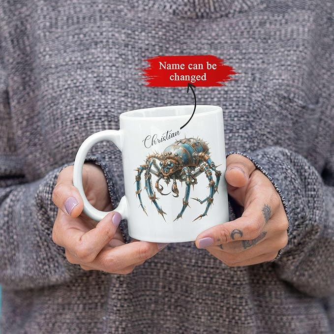 Personalized Steampunk Insect Mug, Customizable Name Mechanical Character Coffee Cup 11oz, Unique Cyberpunk Design Ceramic Mug, Customized White Cup Gift For Sci-Fi Enthusiasts-Ruum Studio Home