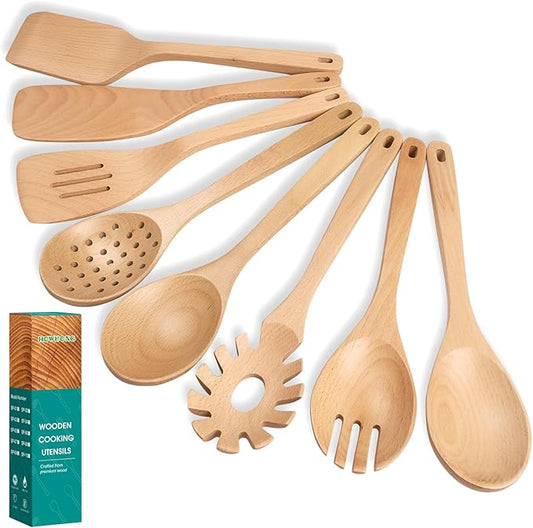 Wooden Spoons for Cooking, 8 Pcs Beech Wood Wooden Kitchen Cooking Spoon Utensil Tools Set Includes Spatula Skimmer Pasta Scoop Non-Stick Cookware Safe by HOWHONG-Ruum Studio Home
