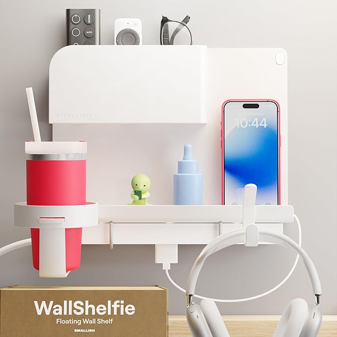 WallShelfie Bedside Wall Organizer - Room Decor, Dorm Room Essential, Floating Bedside Shelf Wall Mount, Makeup Organizer, Remote Control Holder, Room Accessories, Floating Shelves (White)-Ruum Studio Home