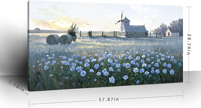amatop Oversized Farmhouse Wall Art – Botanical Picture Flower Blue Rose & Windmill Countryside Scene Canvas Print, Large Floral Landscape Artwork Decor for Living Room Dining Room Hallway 58x29 Inch-Ruum Studio Home