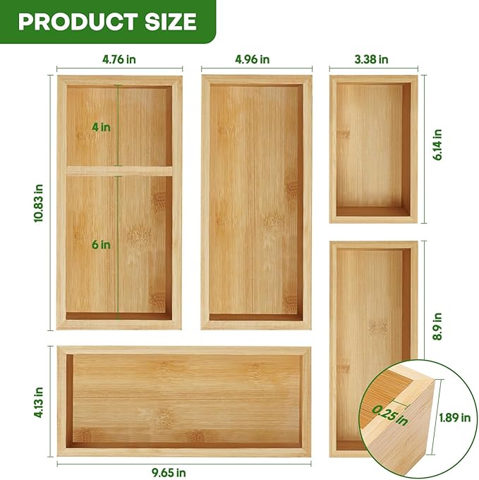 Bamboo Drawer Organizer Set, 5 PCS Multi-Use Individual Wood Storage Organizers, Junk Drawer Divider and Storage Trays Containers for Kitchen, Bathroom, Office Desk, Makeup, Jewelry, Utensils-Ruum Studio Home