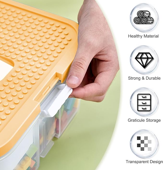 Toys Organizer Storage Case for Lego Box Kids Toy Stackable Building Blocks with Lids Bins Adjustable Lego Storage Containers Plastic Toy Box 2 Layer (Lemon)-Ruum Studio Home
