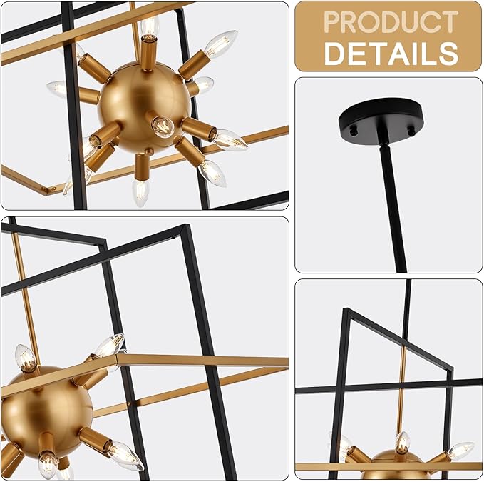 31.5'' Large Modern Lantern Chandeliers, 12-Light Black Gold Geometric Pendant Light Fixture, Industrial Hanging Chandelier for Entryway Foyer Hallway Dining Room, Kitchen Island-Ruum Studio Home