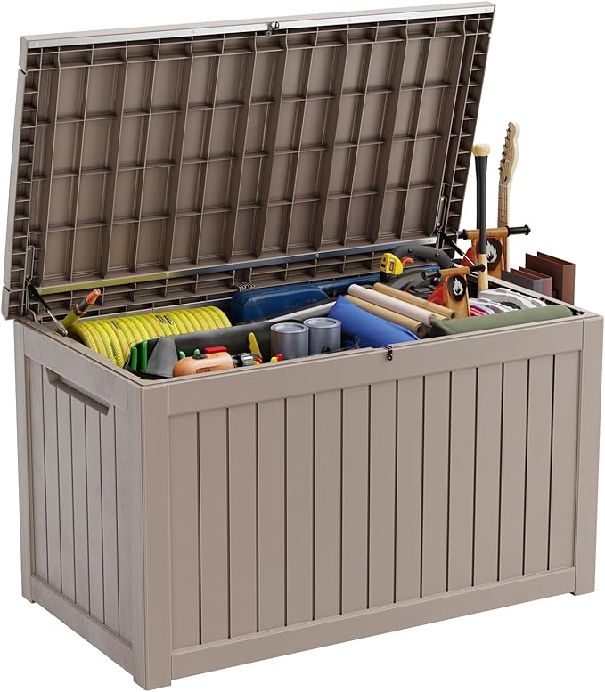 DRATO 230 Gallon Deck Box, Waterproof Resin Large Outdoor Storgae Box for Patio Furniture, Patio Cushions, Gardening Tools, Pool and Sports Supplies, Lockable-Ruum Studio Home