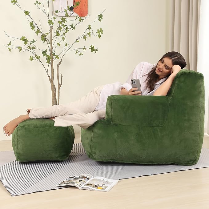 Comfy Gaint Bean Bag Chair with Ottoman, Huge Bean Bag Armchair for Adults and Teens, Green-Ruum Studio Home