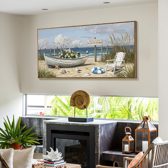 amatop Large Framed Wall Art for Living Room Nautical Beach Canvas Print Blue Flower Boat on Sandy Shore Ocean Seaside Landscape Coastal Artwork with Sea Birds Rustic Bedroom Office Home Decor 48×24 Inch-Ruum Studio Home