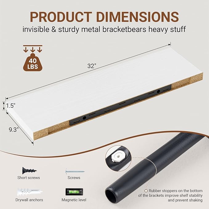 Heimlove 32 Inch Floating Shelves for Wall,White 9.3" Deep Floating Shelf Set of 2,Wall Mounted Shelves for Bathroom Bedroom Living Room Kitchen Office,Shelf for Books Storage Room,Home Decor-Ruum Studio Home