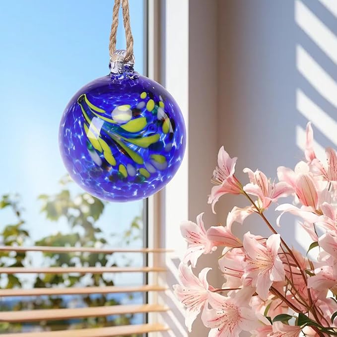VCUTEKA Hanging Garden Gazing Ball, Hand-Blown Glass Witch Ball for Outdoor Garden Décor, 6" Blue Swirl-Ruum Studio Home