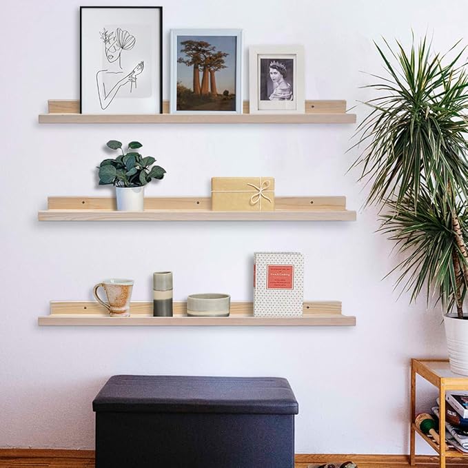AZSKY 36 Inch Picture Ledge Shelf Solid Wood Large Floating Shelves Wall Mounted Rustic Natural Shelves for Home, Living Room, Bedroom, Bathroom, Office 3 Same Sizes-Ruum Studio Home