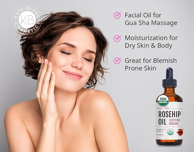 Kate Blanc Cosmetics Rosehip Oil for Face & Skin (4oz, Organic, Pure, Cold Pressed) Rosehip Seed Face Oil for Facial & Gua Sha Massage-Ruum Studio Home