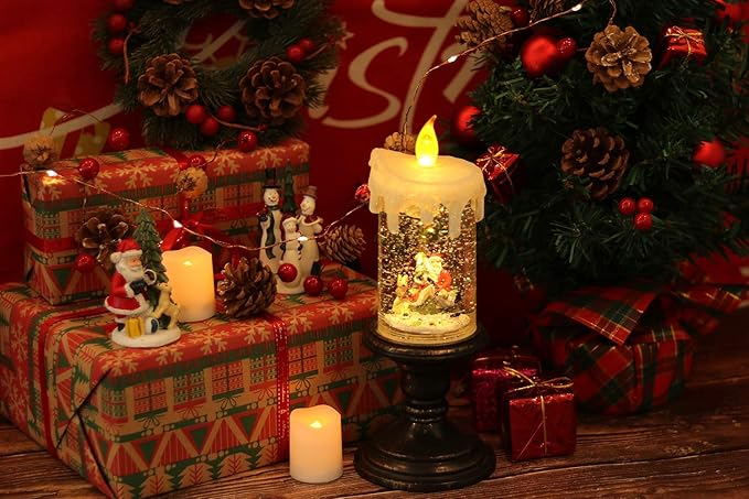 Eldnacele Battery Operated Lighted Flameless Candles Christmas Snow Globe Candle Light Swirling Water Glittering Spinning Candles for Home Decoration(Santa)-Ruum Studio Home