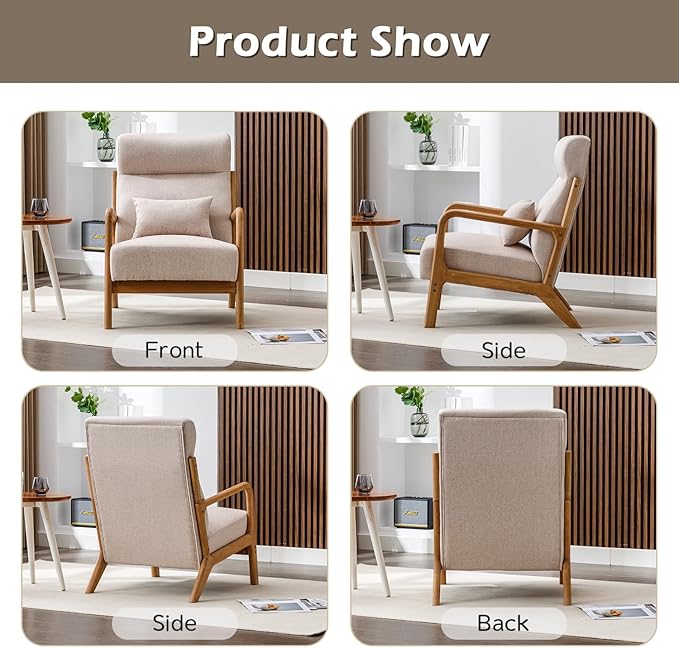 INZOY Mid Century Modern Accent Chair with High Back, Upholstered Living Room Chairs with Waist Cushion, Wood Frame Reading Armchair for Bedroom Sunroom, Beige-Ruum Studio Home