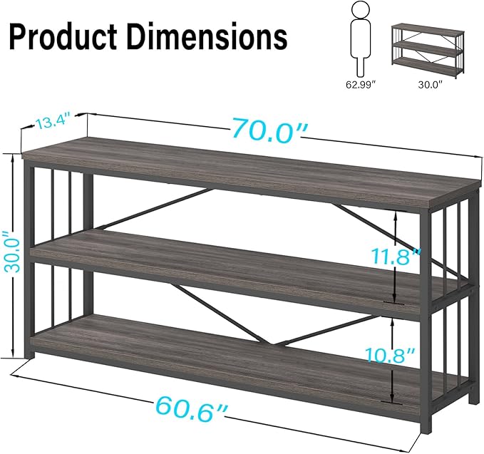 LVB 3-Tier Rustic Console Table, Extra Long Entryway Table with Storage, Industrial Skinny Wood Metal Sofa Table with Shelf, Modern Narrow Hallway Table for Foyer Living Room Bedroom, Dark Gray, 70 In-Ruum Studio Home