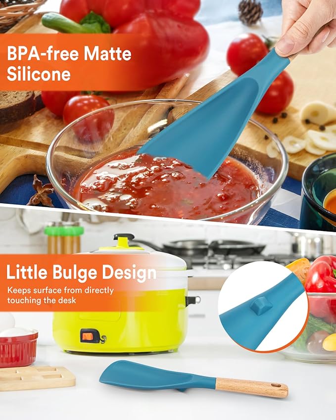 Cooking Spoon and Scraper for Nonstick Cookwares, Great for Cooking and Serving Durable BPA-Free Matte Silicone, Wood Handle Multifunction Spoon for Mixing, Scoop, and Scrape (BLUE)-Ruum Studio Home