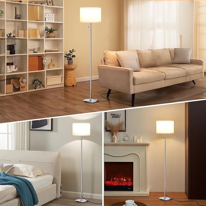 Ambimall Floor Lamps for Living Room with 3 Color Temperatures Bulb & Pull Chain Switch, 60" Modern Standing Floor Lamp for Bedroom Kids Room Study Room(White Shade & Silver Pole)-Ruum Studio Home