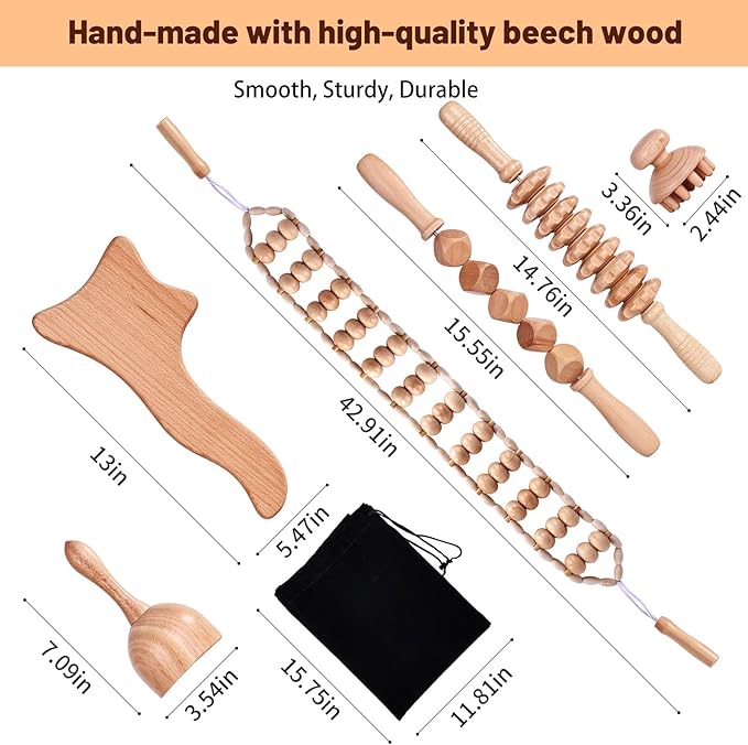 6 Pcs Wood Therapy Massage Tools, Meifuly Professional Complete Maderotherapia Wooden Massager Kit for Body Shaping, Lymphatic Drainage, Muscle Pain Relief, Anti-Cellulite (with Storage Bag)-Ruum Studio Home