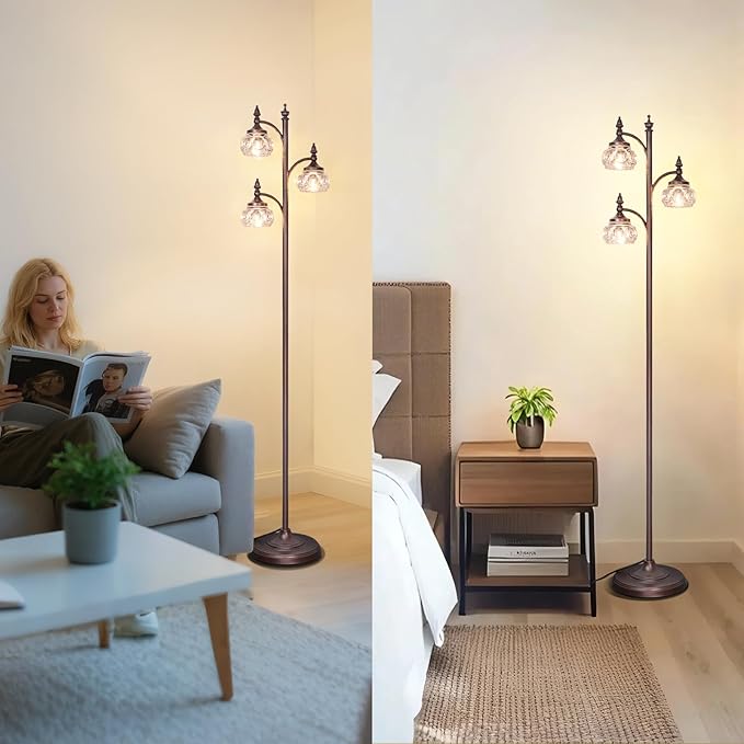 Brown Tree Floor Lamps for Living Room 66.5'' Standing Lamp with 3 Rotatable Lights Glass Shade Modern Lamp for Living Room Bedroom Office(3LED Bulbs Included)-Ruum Studio Home