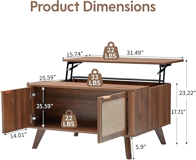 AVZEAR Lift Top Coffee Table with Storage, Mid Century Modern Coffee Table with Nature Linen Doors & Large Hidden Storage, Rounded Corners Center Table Farmhouse Coffee Tables for Living Room, Walnut-Ruum Studio Home
