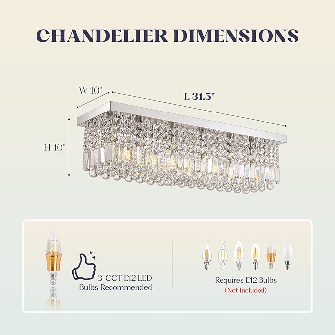 Rectangular Chandelier, Flush Mount Rectangle Chandelier Modern K9 Crystal Chandeliers Light Fixture, 6-Lights Raindrop Crystal Pendant Ceiling Light for Dining Room Bedroom Bar Club L31.5 Inch-Ruum Studio Home