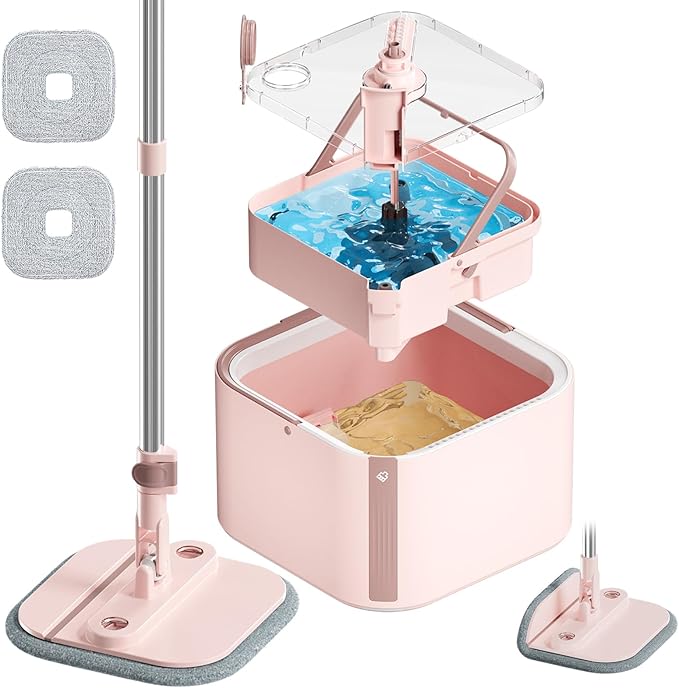 Upgraded Spin Mop and Bucket Set Self-Standing Mop Bucket Separate Dirty and Clean Water System Self Wringing 360° Rotating 90° Foldabl Mops and Buckets for Floor Cleaning (Pink, 2Pads)-Ruum Studio Home
