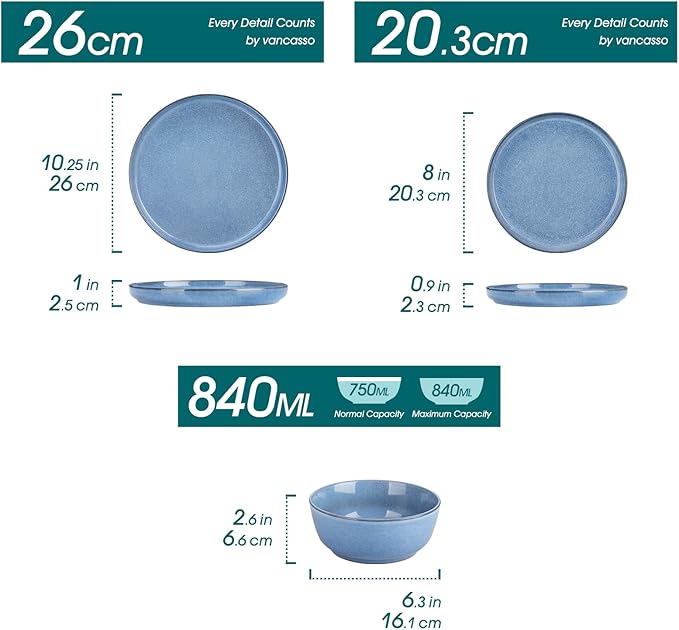 vancasso ANYA 18 Pieces Plates and Bowls Set, Blue Dinnerware Sets, Reactive Glaze Dishes Set for 6, Ceramic Dishware Sets Kitchen Dinner Set, Microwave & Dishwasher Safe-Ruum Studio Home