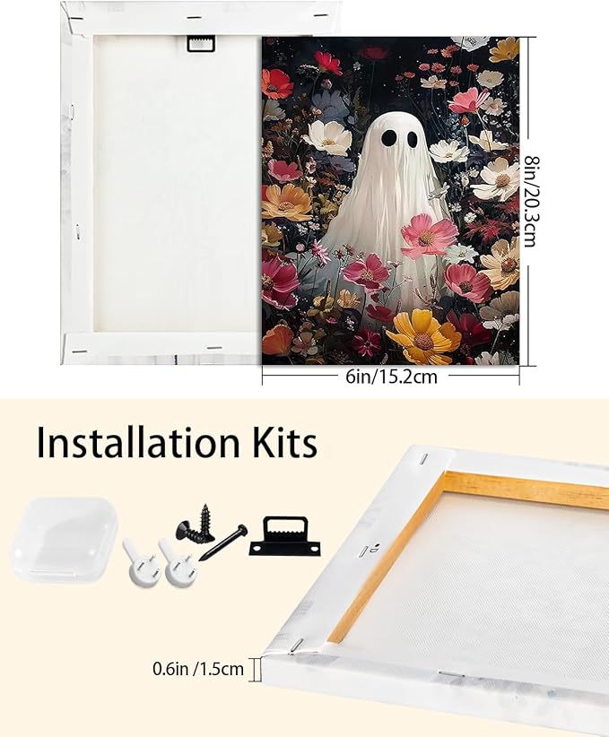 Halloween Canvas Wall Art,Vintage Cute Ghost & Wildflowers Framed Poster, Spooky Fall Decorations for Indoor, Gothic Dark Academia Wall Decor, Funny Halloween Decorations for Living Room Bedroom-Ruum Studio Home