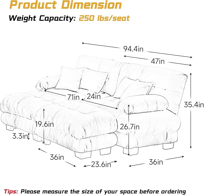 Loveseat Modular Sectional Sofa, U Shaped Couch with Ottoman, Cloud Couch Sectional Couch Home Sofa Living Room Oversized Couch Deep Seat Couch with Round Bolster Armrests 4 Pillows(White)-Ruum Studio Home