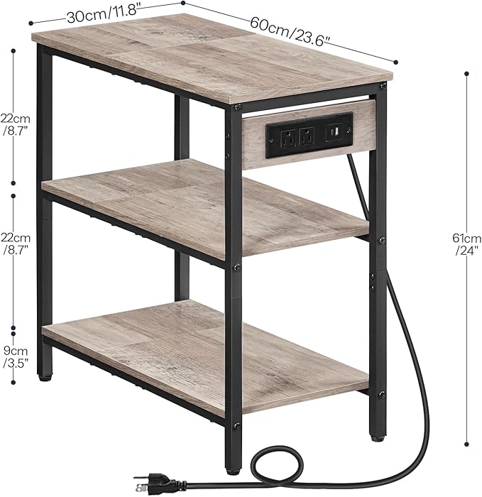 HOOBRO End Table with Charging Station, Simple Rustic Side Table with 3-Tier Storage Shelf, Narrow Nightstand for Small Spaces, for Living Room, Industrial Design, Greige and Black BG149UBZ01-Ruum Studio Home