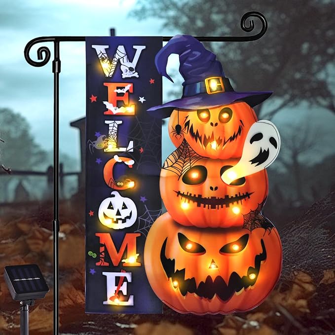 Halloween Lighted Garden Flag, Solar Yard Flag for Outside, 8 Modes Double Sided Welcome Halloween Pumpkin Outdoor Decorations for Home Porch (Pumpkin-12x18)-Ruum Studio Home