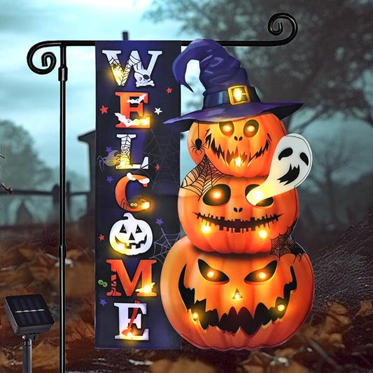 Halloween Lighted Garden Flag, Solar Yard Flag for Outside, 8 Modes Double Sided Welcome Halloween Pumpkin Outdoor Decorations for Home Porch (Pumpkin-12x18)-Ruum Studio Home