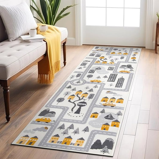 Rugshop Kids Play Road Rug for Playroom,Kidsoom,Nursery Room Interactive Cityscape for Cars and Toys Indoor Soft Runner Rug 2'x7' Cream-Ruum Studio Home
