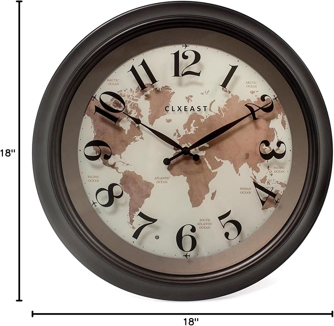CLXEAST 18 Inch Illuminated Wall Clock with Smart LED Light Sensor, Large Modern World Map Wall Clocks for Living Room Decor,Oil Rubbed Bronze,Unique House Warming Gifts-Ruum Studio Home