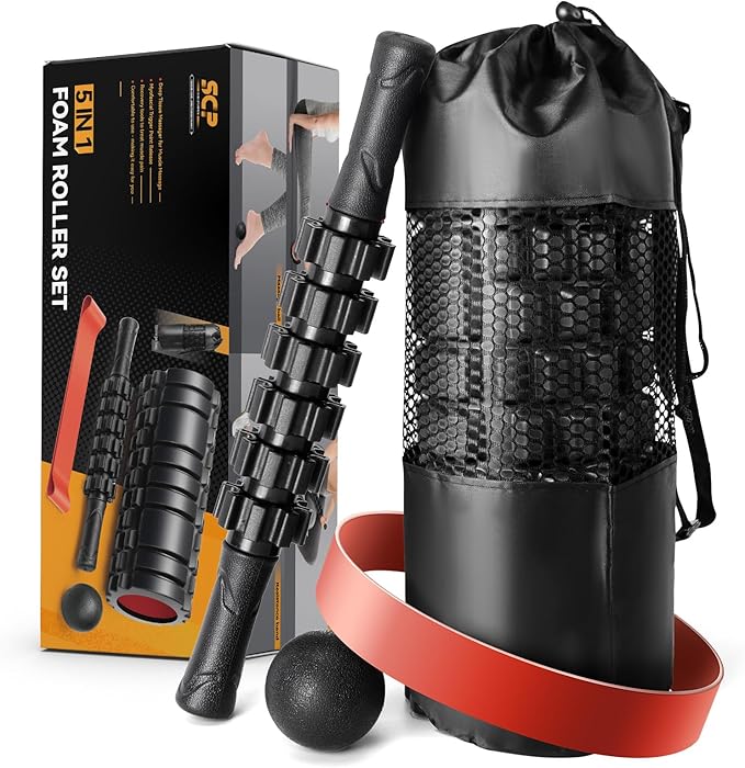 5 in1 Foam Roller Set, Trigger Point Foam Roller, Massage Roller Stick, Massage Ball, Resistance Band for Deep Muscle Massage Pilates Yoga,Fitness Exercise for Whole Body (Black-Red)-Ruum Studio Home