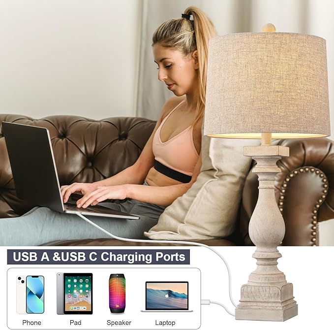 BOBOMOMO Retro 27" USB Charging Ports A/C Wash-White Farmhouse Lamps for Bedrooms Side Table Lamps Bedside Lamp for Nightstand Living Room 1 Pack-Ruum Studio Home