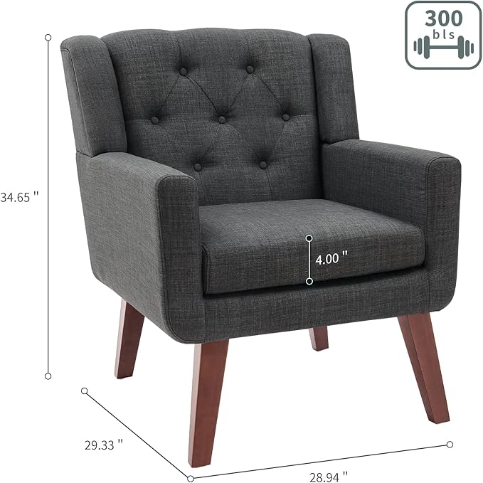 Accent Chair Button-Tufted Upholstered Living Room Chairs Comfy Reading Chair Mid Century Modern Chair with Linen Fabric Lounge Arm Chairs for Living Room Bedroom (Dark Grey)-Ruum Studio Home