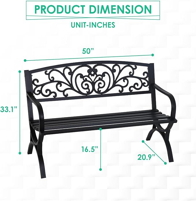 FDW Outdoor 50 Inches Garden Bench, Slatted Seat Armrests Floral Design Backres and Arch Legs, Perfect for Park, Yard, Porch, Lawn, Balcony, Backyard, Black-Ruum Studio Home